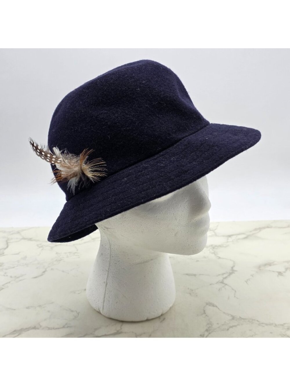 Vintage Kangol Wool Felt Bucket Hat Women 6-5/8 Navy Blue Feather Cloche England